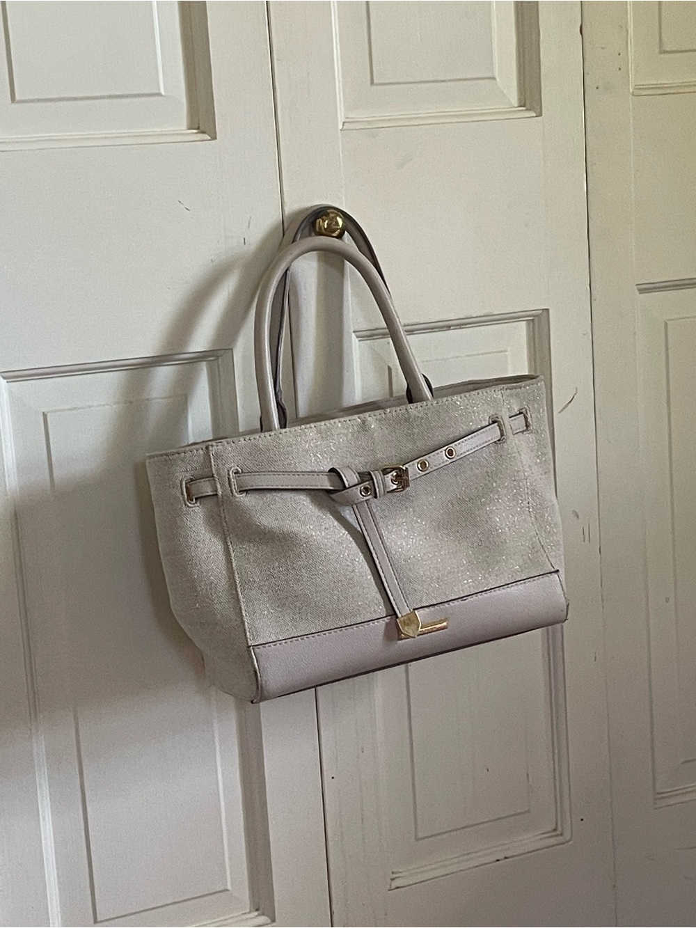 Anne Klein Cream Canvas and Leather Tote